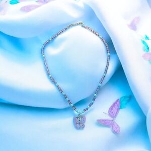 Lavender Butterfly Pendant Necklace on Beaded Chain